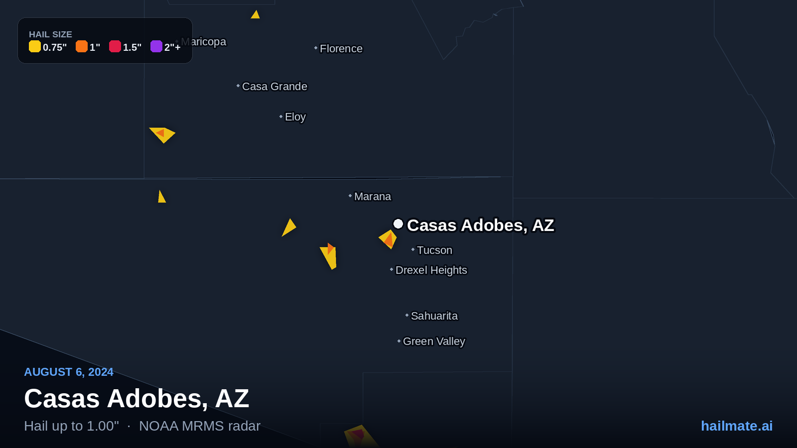 Hail swath map for Casas Adobes, AZ on August 6, 2024 showing 1.00 inch hail.