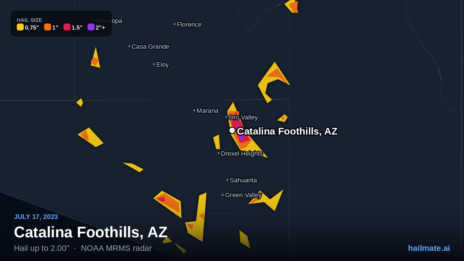 Hail swath map for Catalina Foothills, AZ on July 17, 2023 showing 2.00 inch hail.