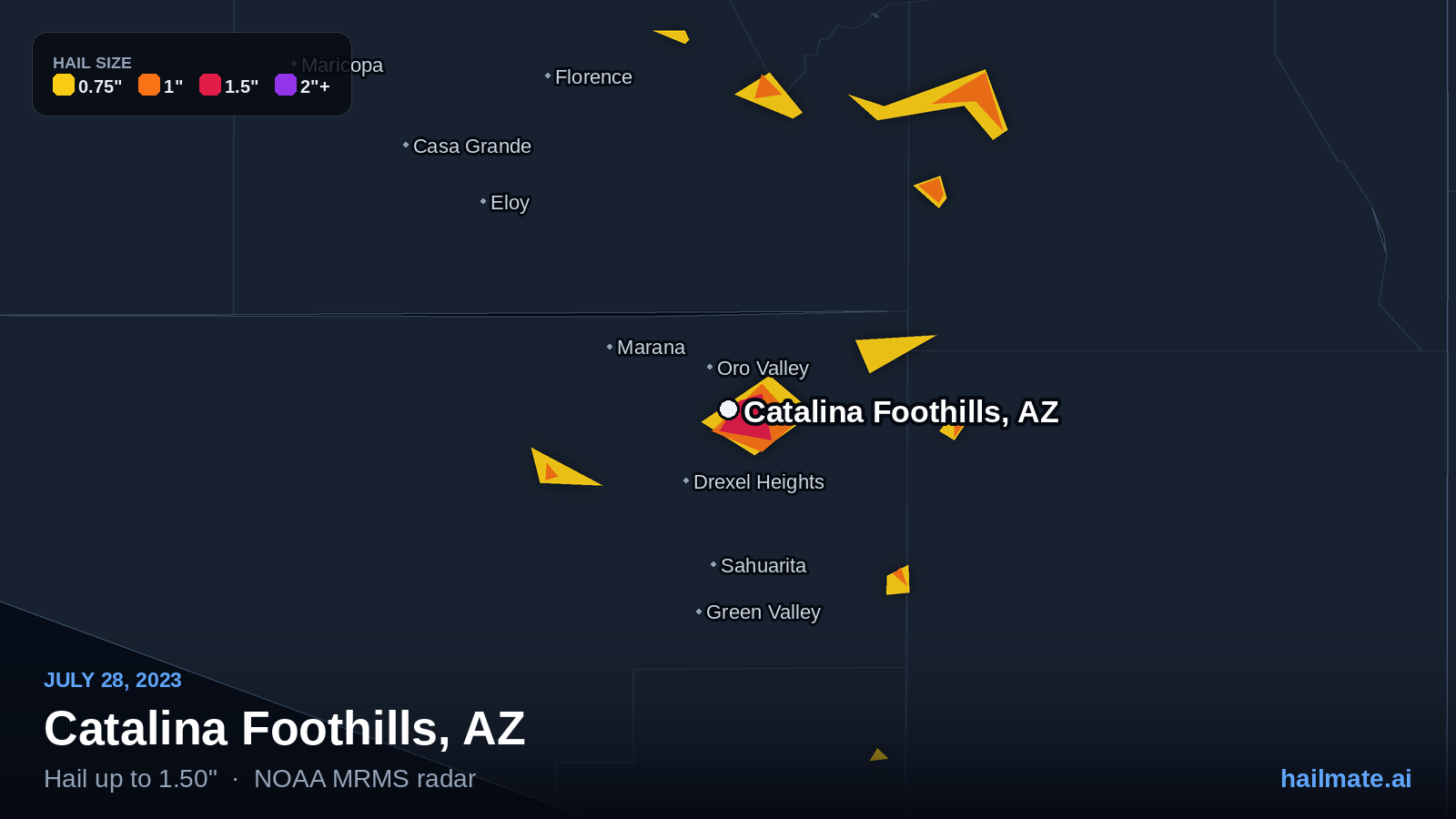 Hail swath map for Catalina Foothills, AZ on July 28, 2023 showing 1.50 inch hail.