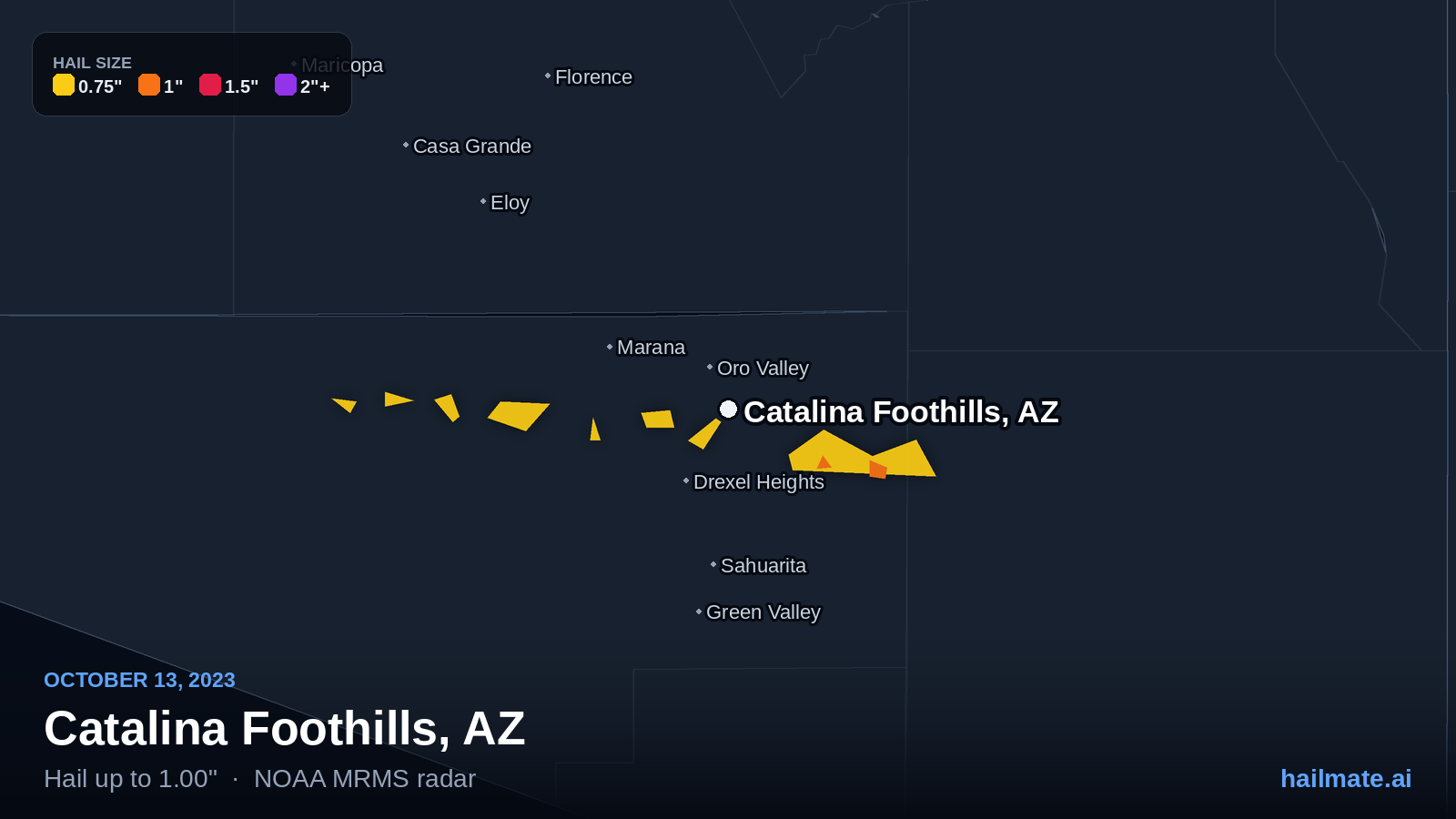 Hail swath map for Catalina Foothills, AZ on October 13, 2023 showing 1.00 inch hail.