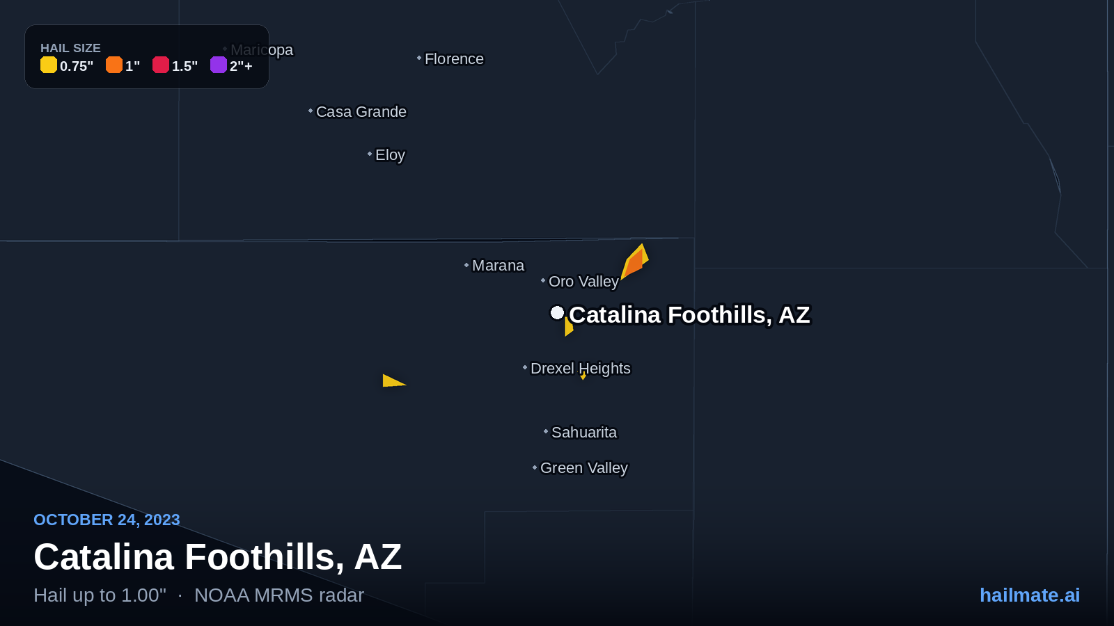 Hail swath map for Catalina Foothills, AZ on October 24, 2023 showing 1.00 inch hail.