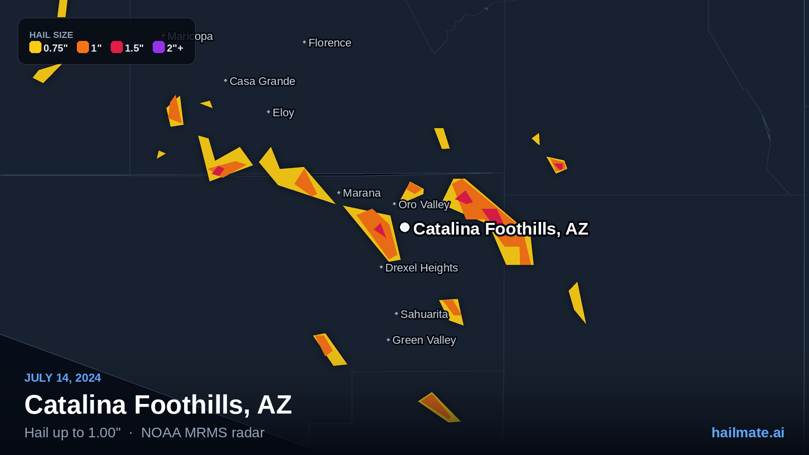 Hail swath map for Catalina Foothills, AZ on July 14, 2024 showing 1.00 inch hail.