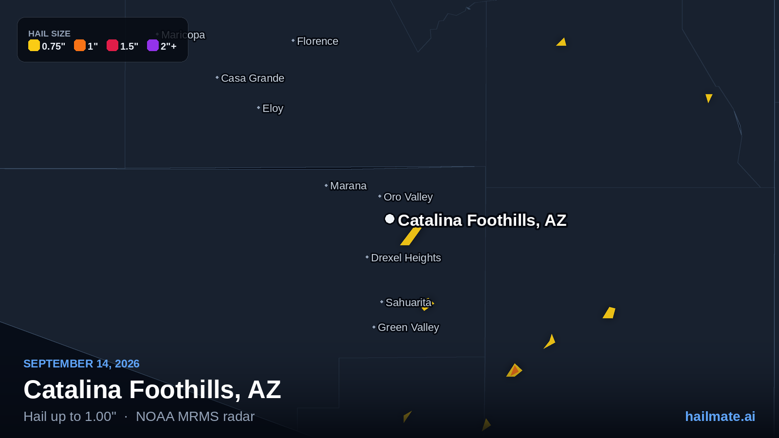 Hail swath map for Catalina Foothills, AZ on September 14, 2026 showing 1.00 inch hail.