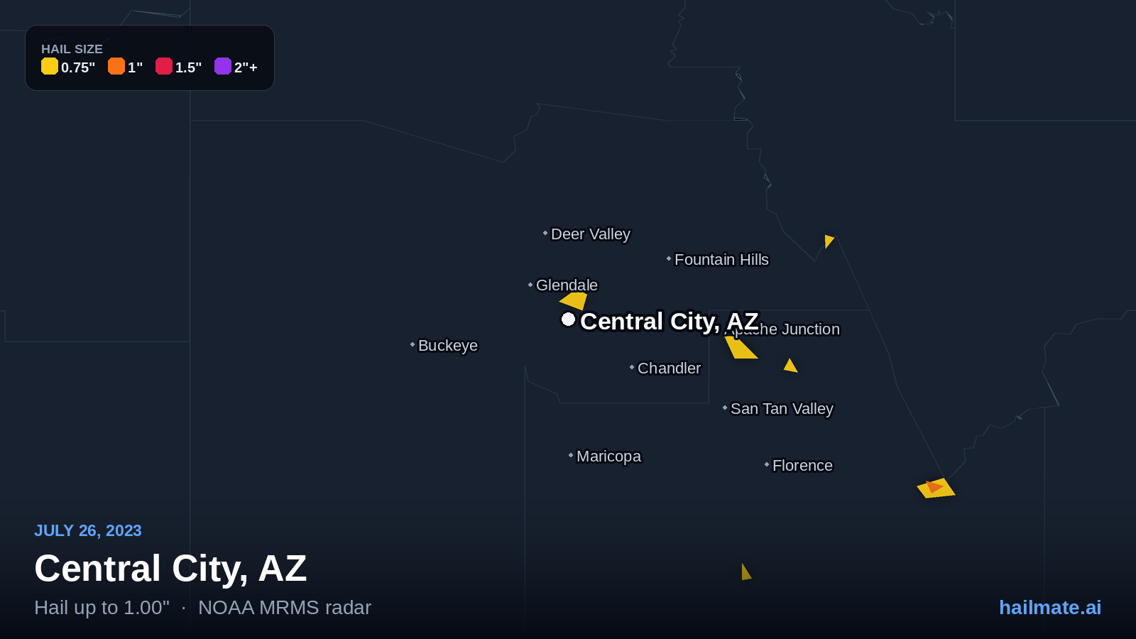 Hail swath map for Central City, AZ on July 26, 2023 showing 1.00 inch hail.