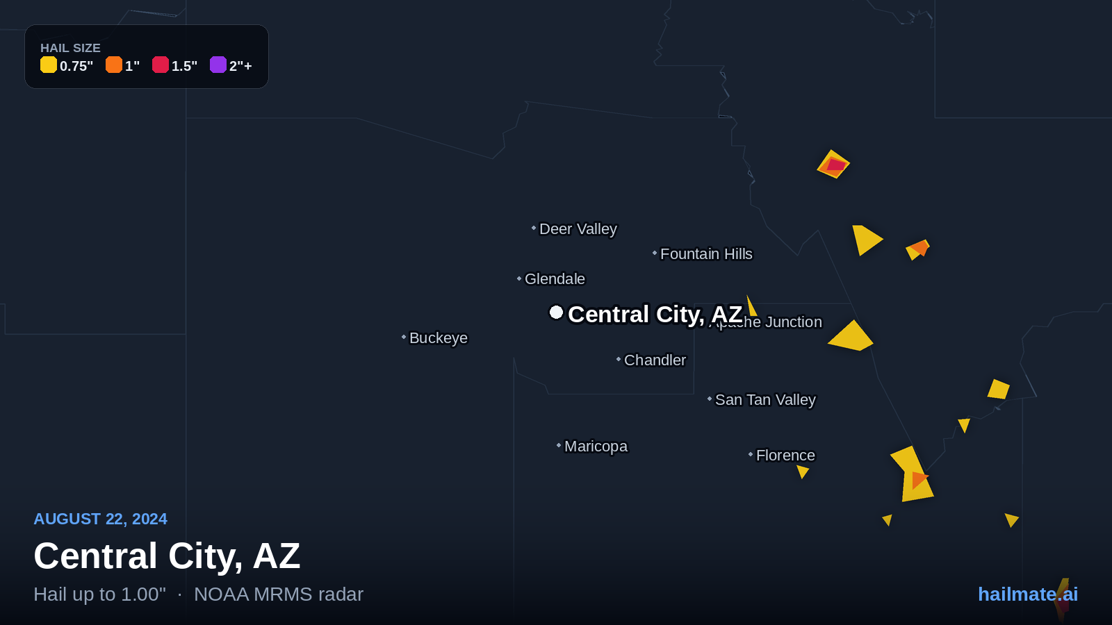 Hail swath map for Central City, AZ on August 22, 2024 showing 1.00 inch hail.