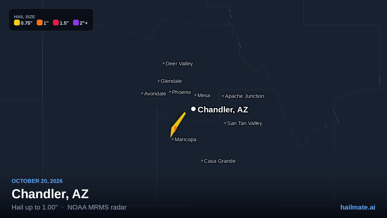 Hail swath map for Chandler, AZ on October 20, 2026 showing 1.00 inch hail.