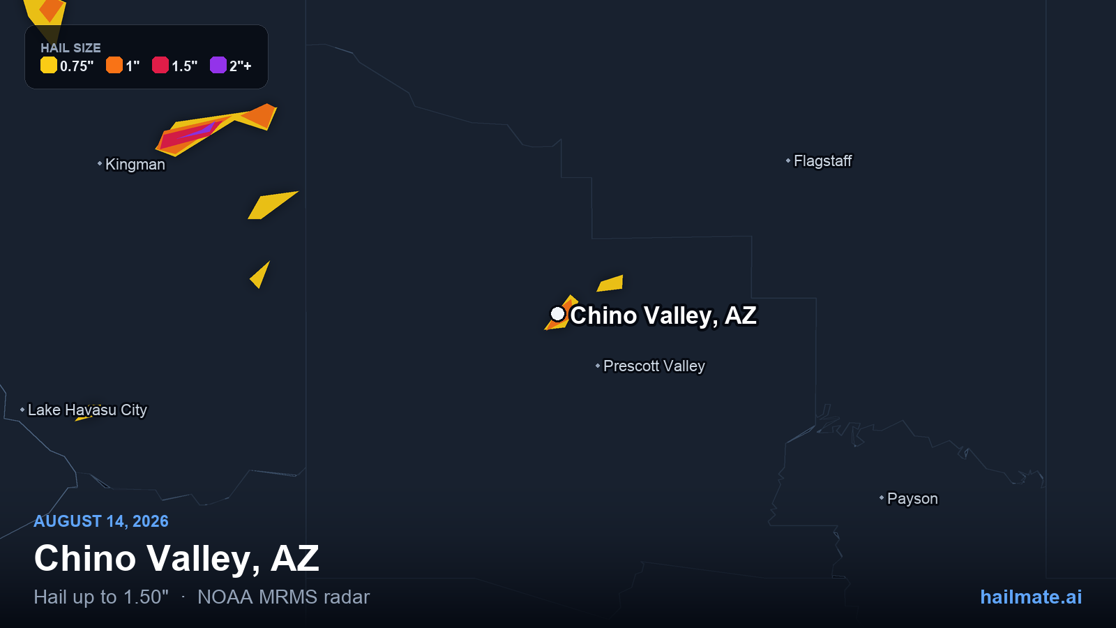 Hail swath map for Chino Valley, AZ on August 14, 2026 showing 1.50 inch hail.