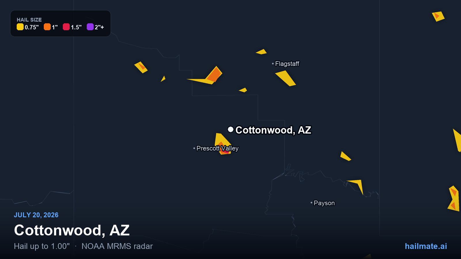 Hail swath map for Cottonwood, AZ on July 20, 2026 showing 1.00 inch hail.