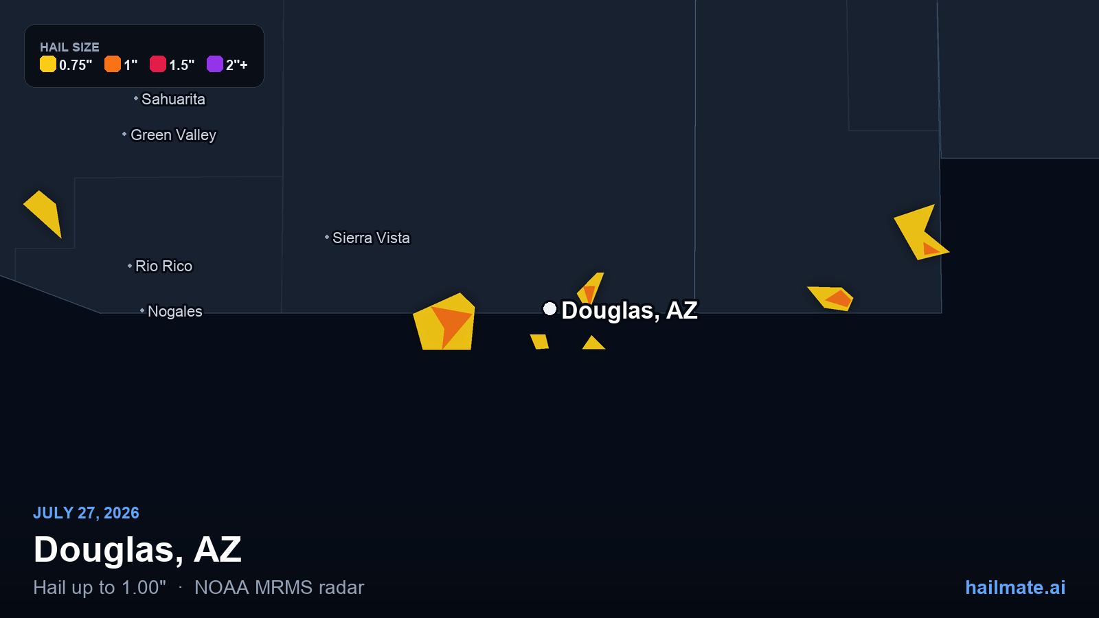Hail swath map for Douglas, AZ on July 27, 2026 showing 1.00 inch hail.