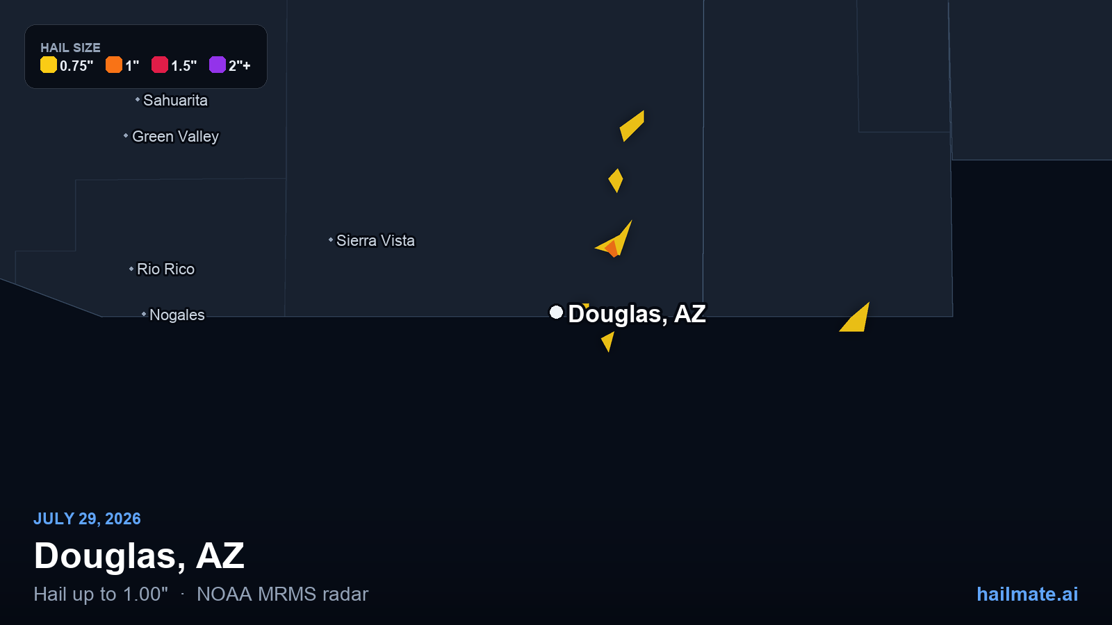 Hail swath map for Douglas, AZ on July 29, 2026 showing 1.00 inch hail.