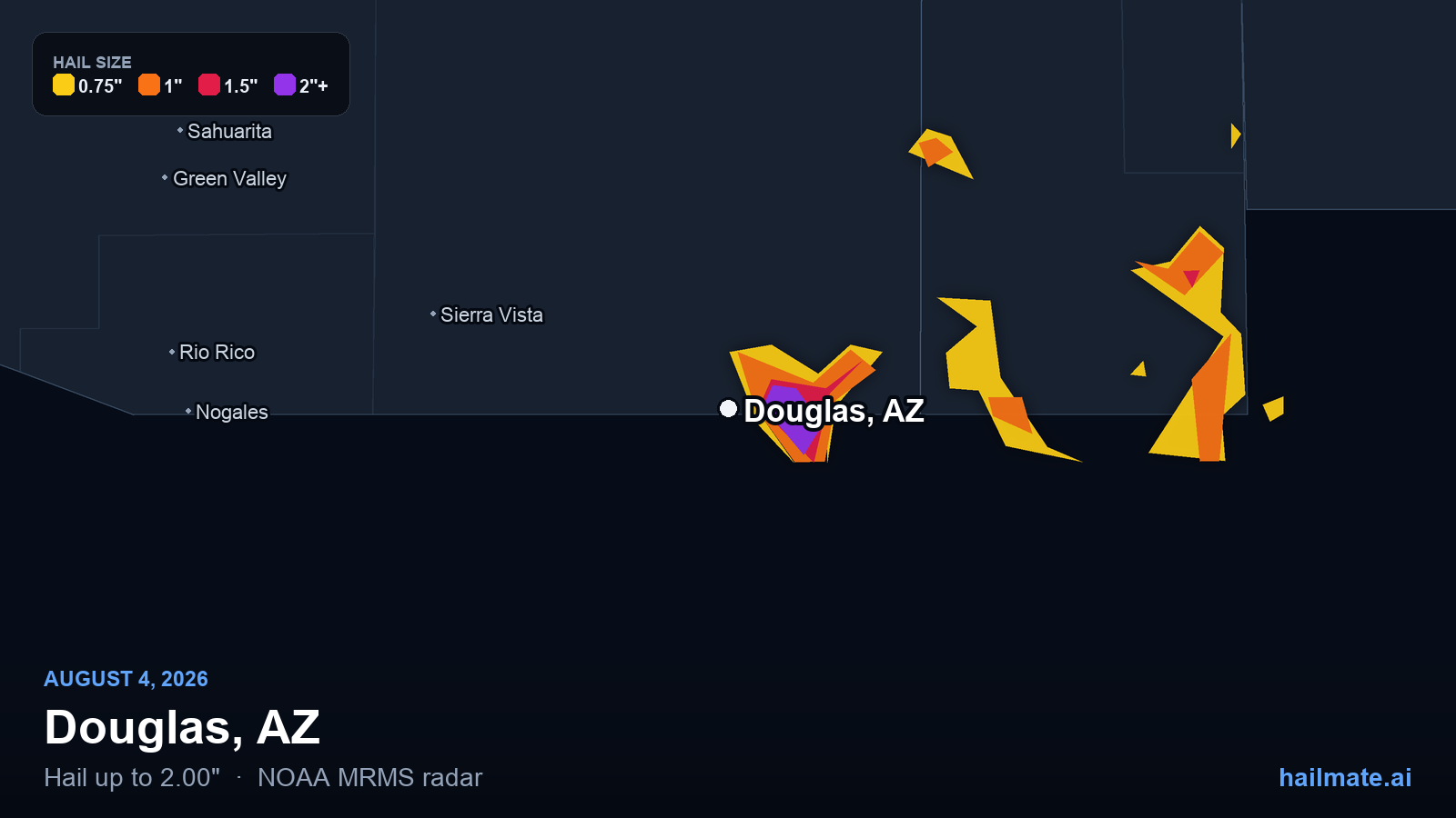 Hail swath map for Douglas, AZ on August 4, 2026 showing 2.00 inch hail.