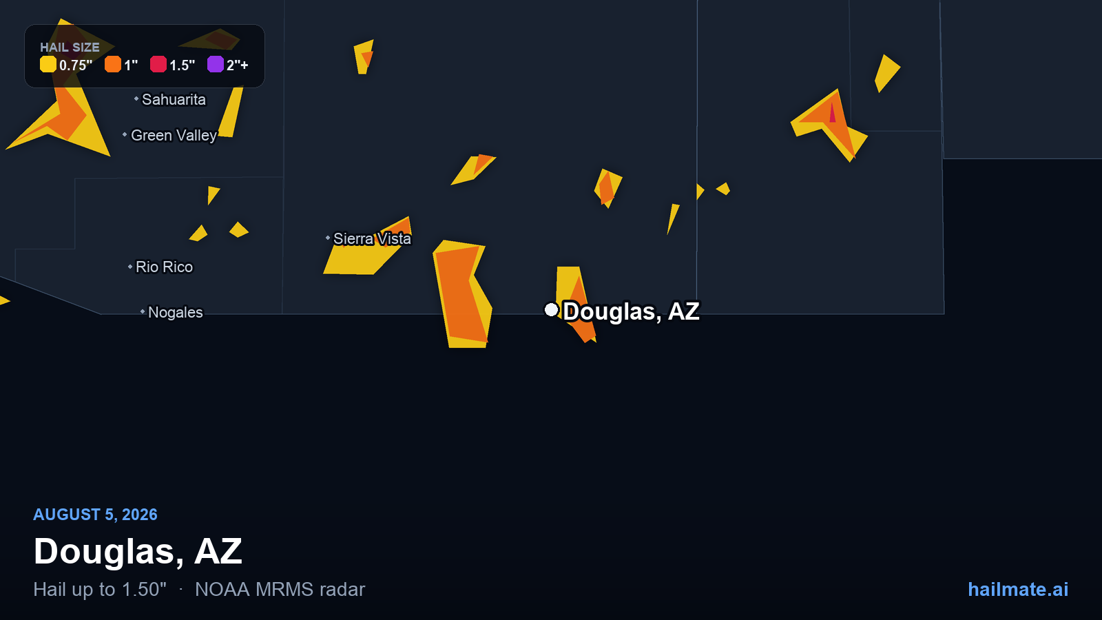 Hail swath map for Douglas, AZ on August 5, 2026 showing 1.50 inch hail.