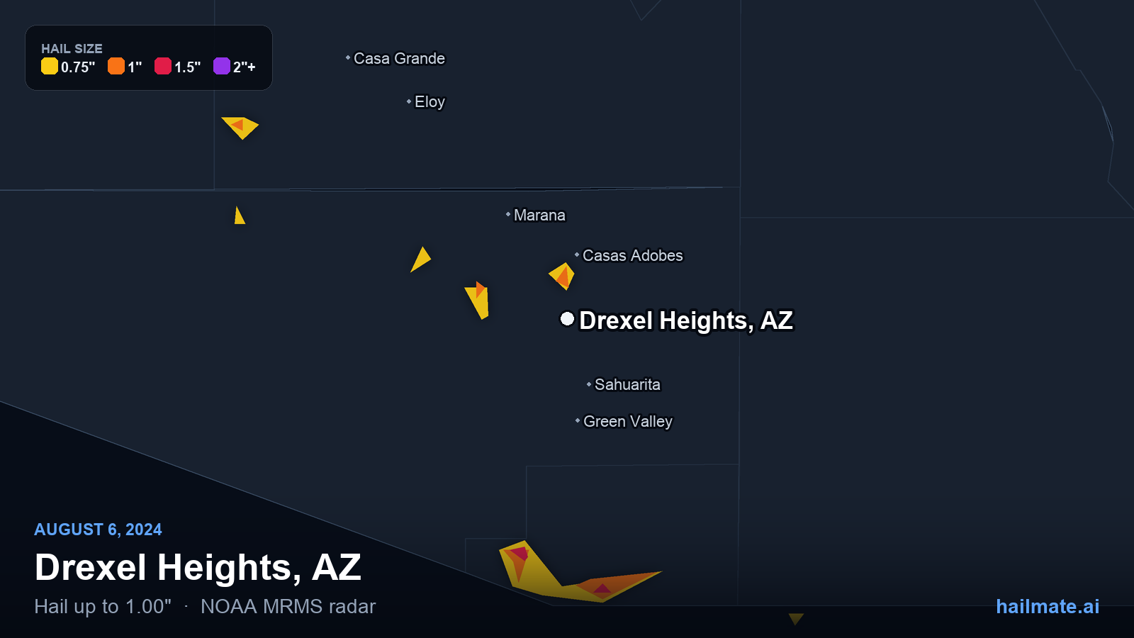Hail swath map for Drexel Heights, AZ on August 6, 2024 showing 1.00 inch hail.