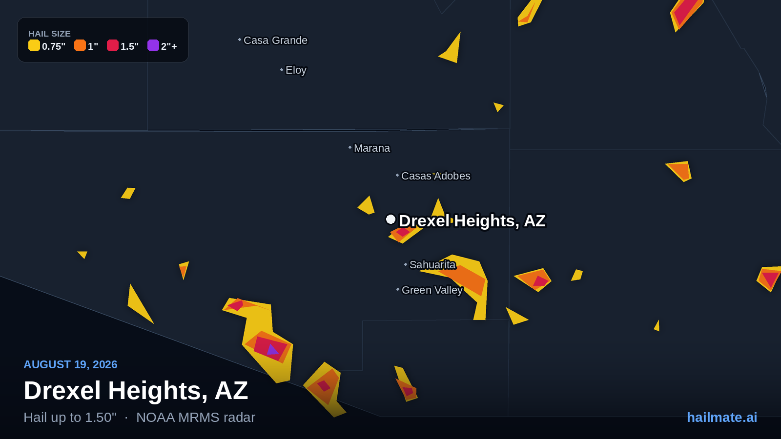 Hail swath map showing 1.50 inch hail over Drexel Heights, Arizona on August 19, 2026.