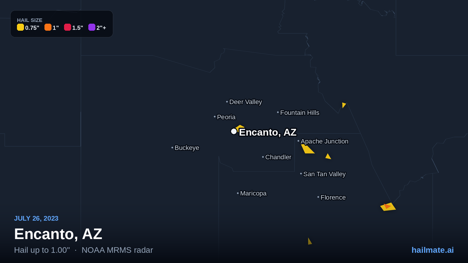Hail swath map for Encanto, AZ on July 26, 2023 showing 1.00 inch hail.