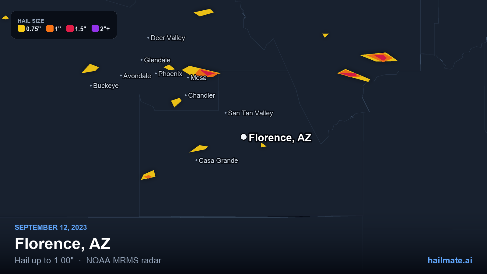 Hail swath map for Florence, AZ on September 12, 2023 showing 1.00 inch hail.