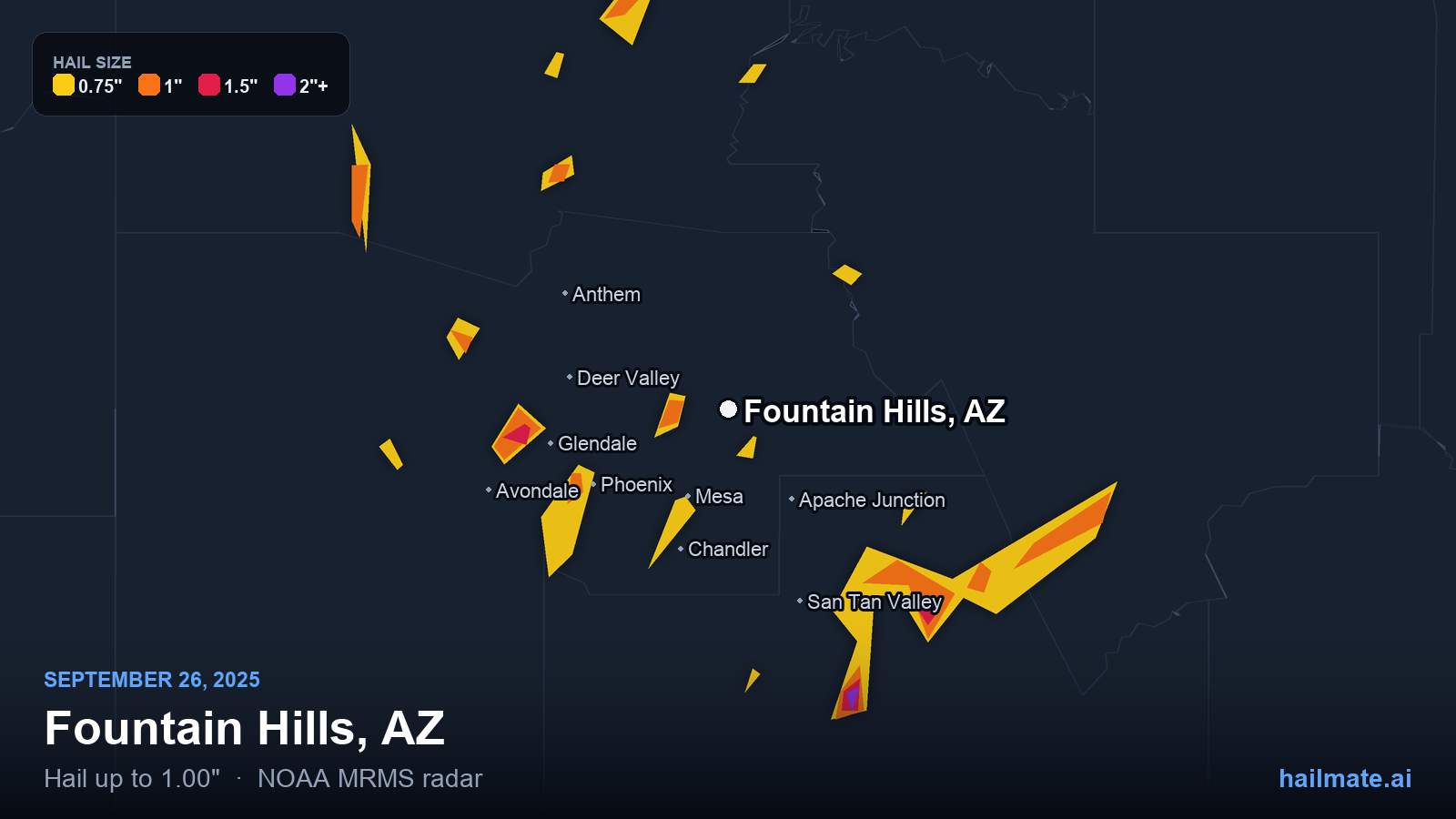 Hail swath map for Fountain Hills, AZ on September 26, 2025 showing 1.00 inch hail.