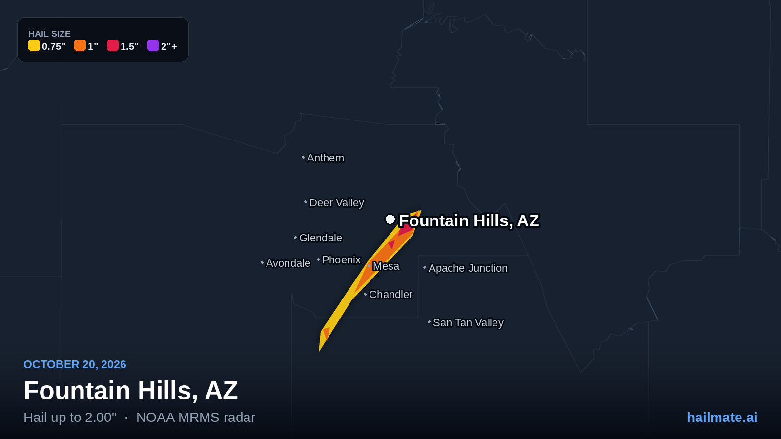 Hail swath map for Fountain Hills, AZ on October 20, 2026 showing 2.00 inch hail.