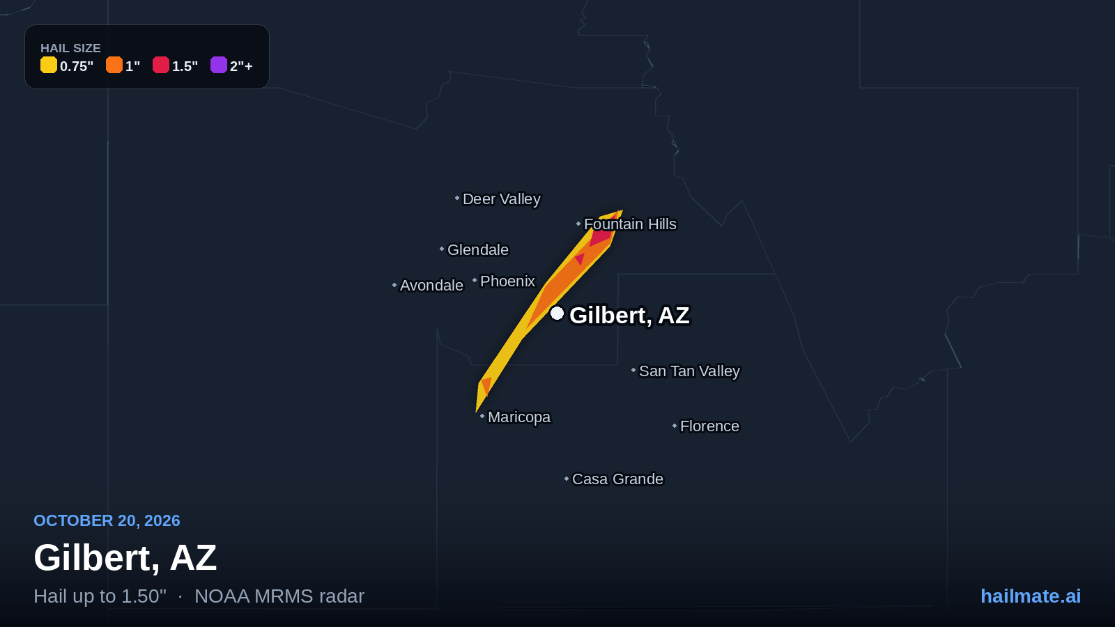 Hail swath map for Gilbert, AZ on October 20, 2026 showing 1.50 inch hail.