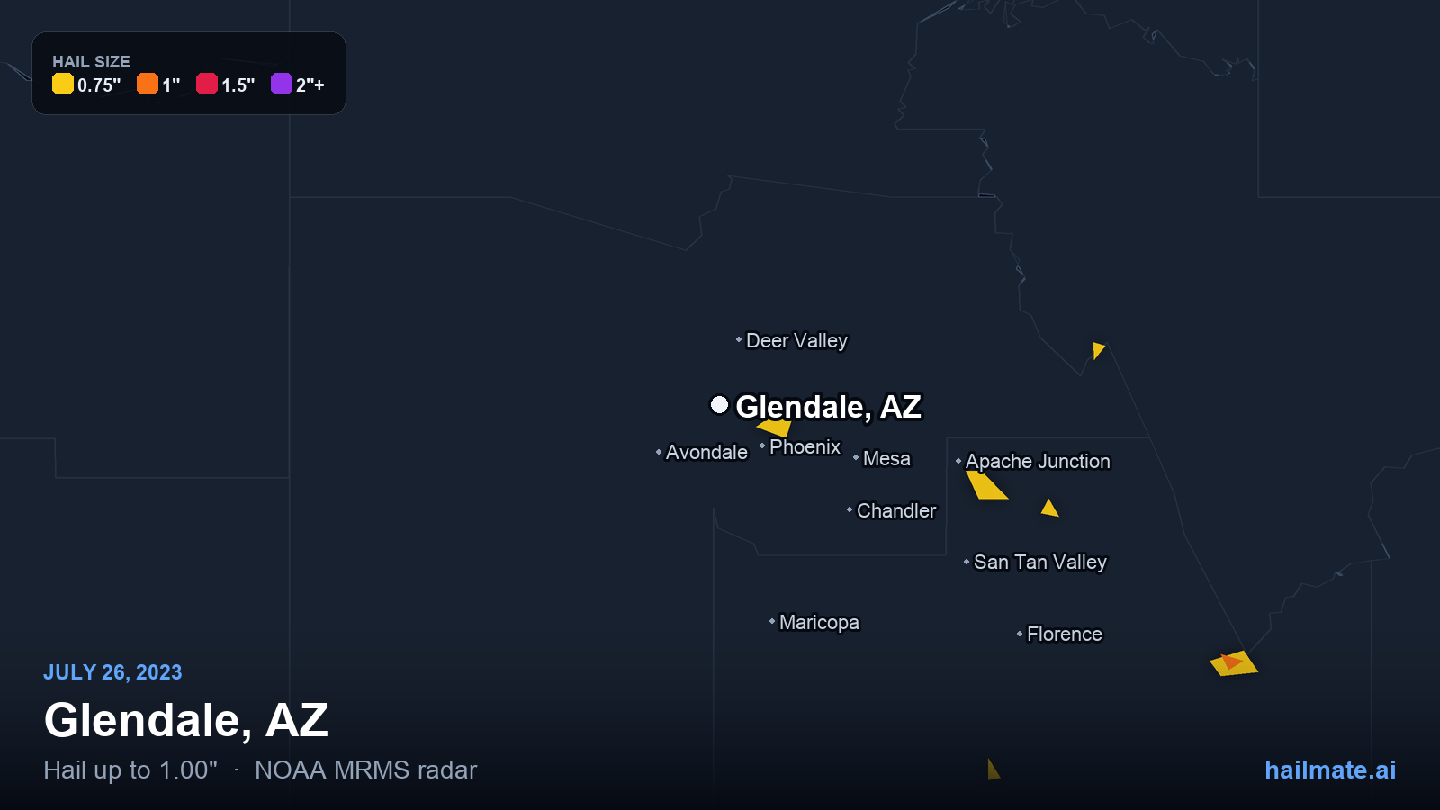 Hail swath map for Glendale, AZ on July 26, 2023 showing 1.00 inch hail.