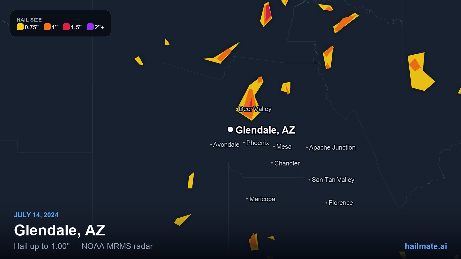 Hail swath map for Glendale, AZ on July 14, 2024 showing 1.00 inch hail.