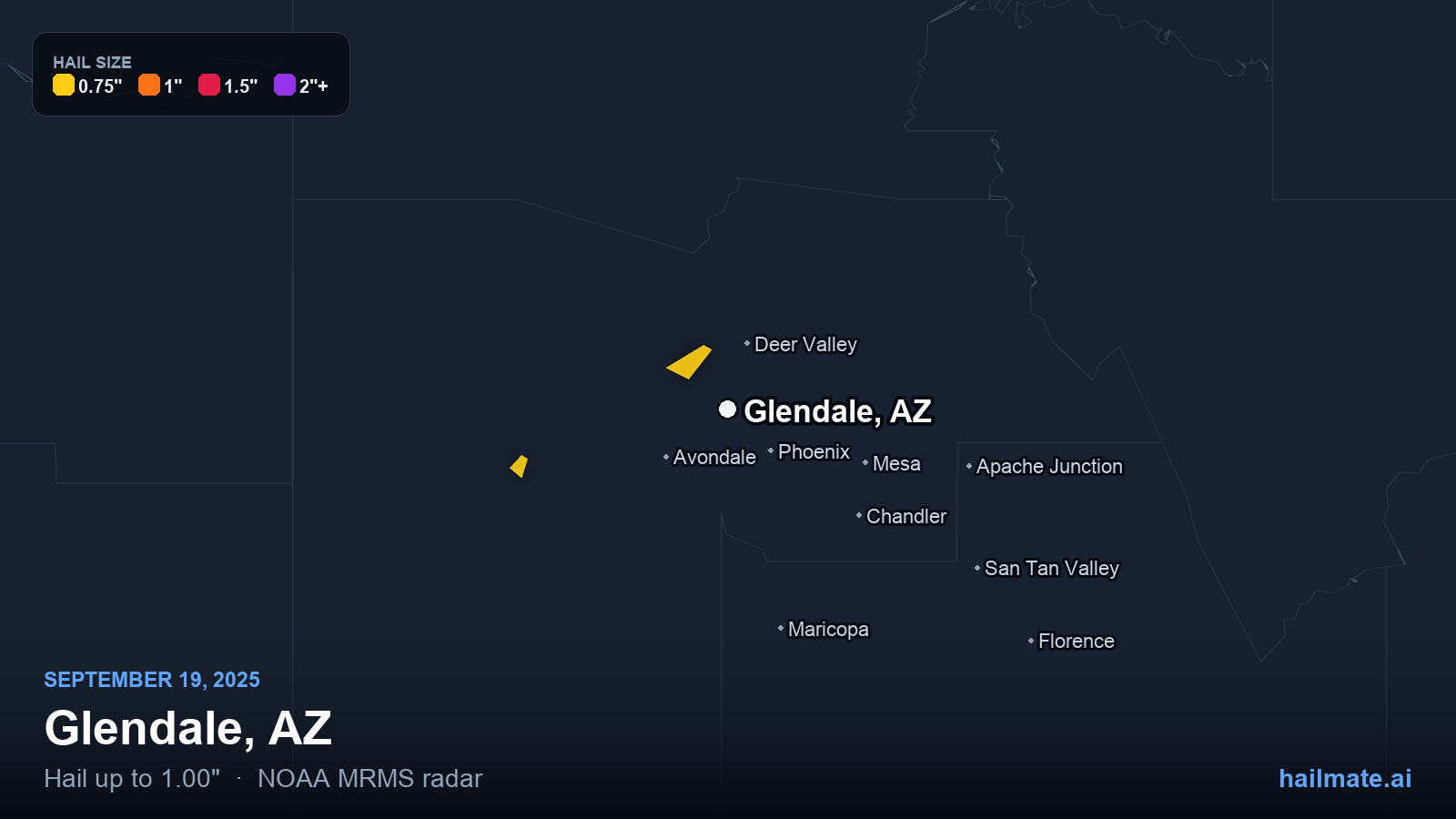 Hail swath map for Glendale, AZ on September 19, 2025 showing 1.00 inch hail.