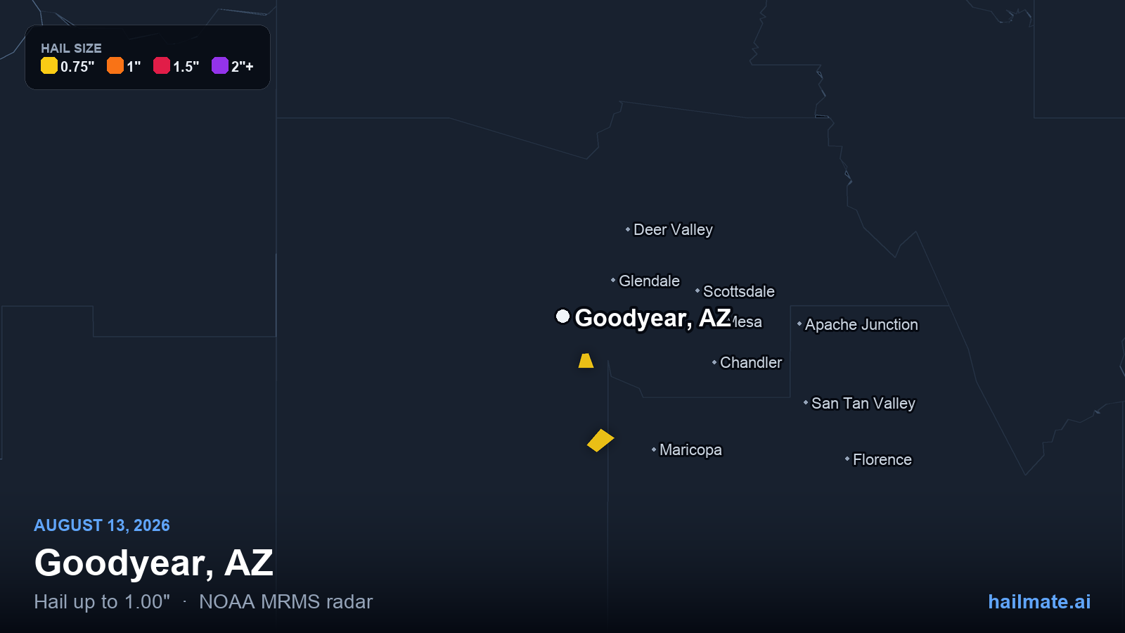Hail swath map for Goodyear, AZ on August 13, 2026 showing 1.00 inch hail.
