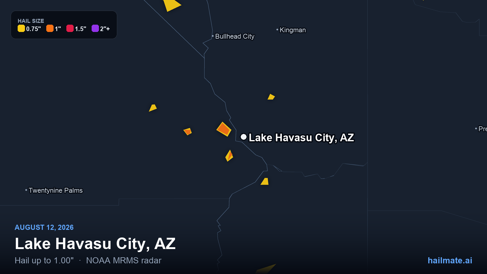 Hail swath map for Lake Havasu City, AZ on August 12, 2026 showing 1.00 inch hail.