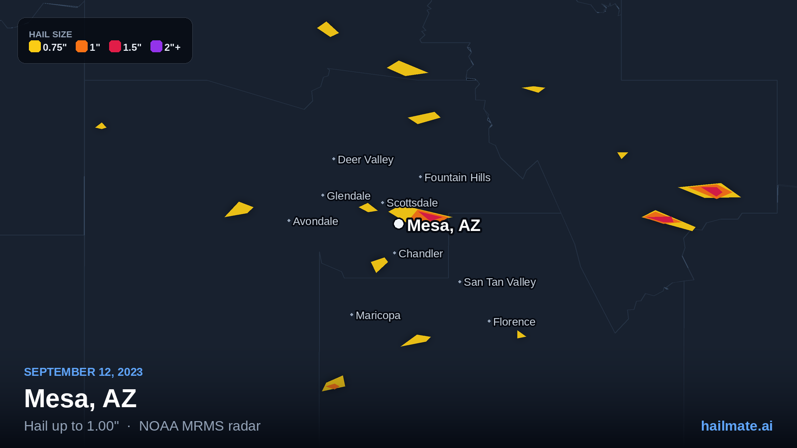 Hail swath map for Mesa, AZ on September 12, 2023 showing 1.00 inch hail.