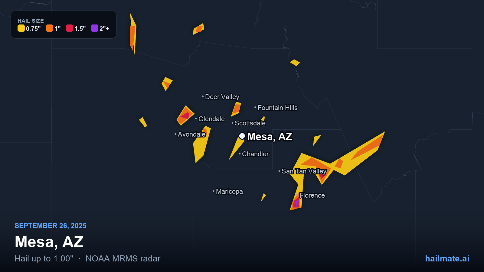 Hail swath map for Mesa, AZ on September 26, 2025 showing 1.00 inch hail.