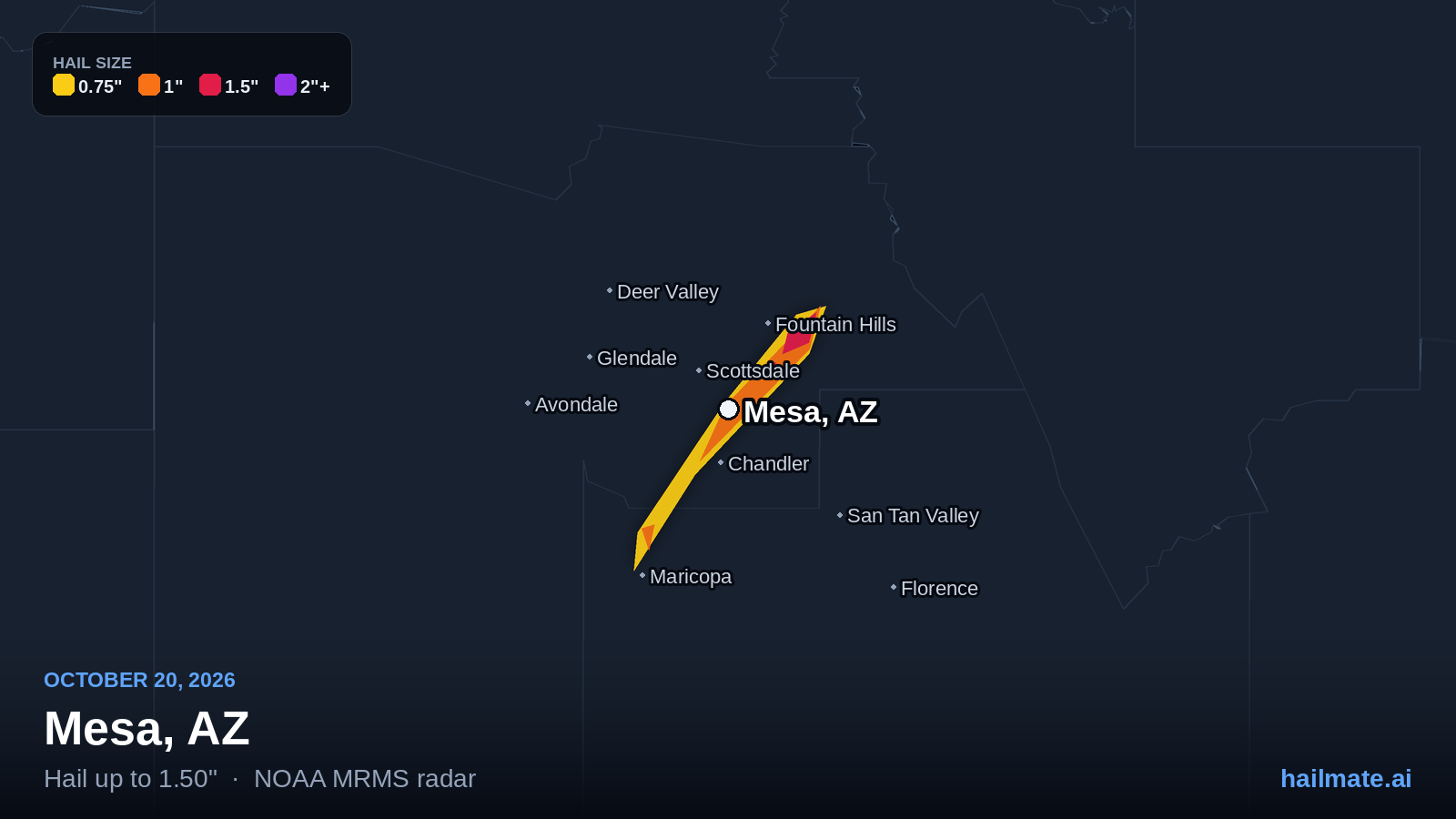Hail swath map for Mesa, AZ on October 20, 2026 showing 1.50 inch hail.