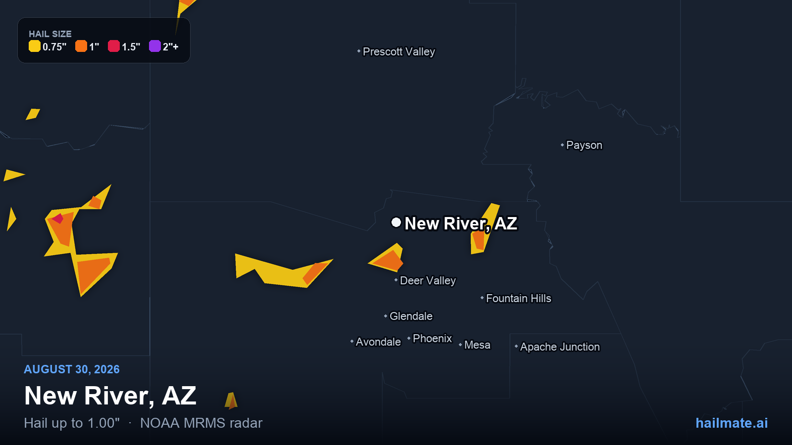Hail swath map for New River, AZ on August 30, 2026 showing 1.00 inch hail.