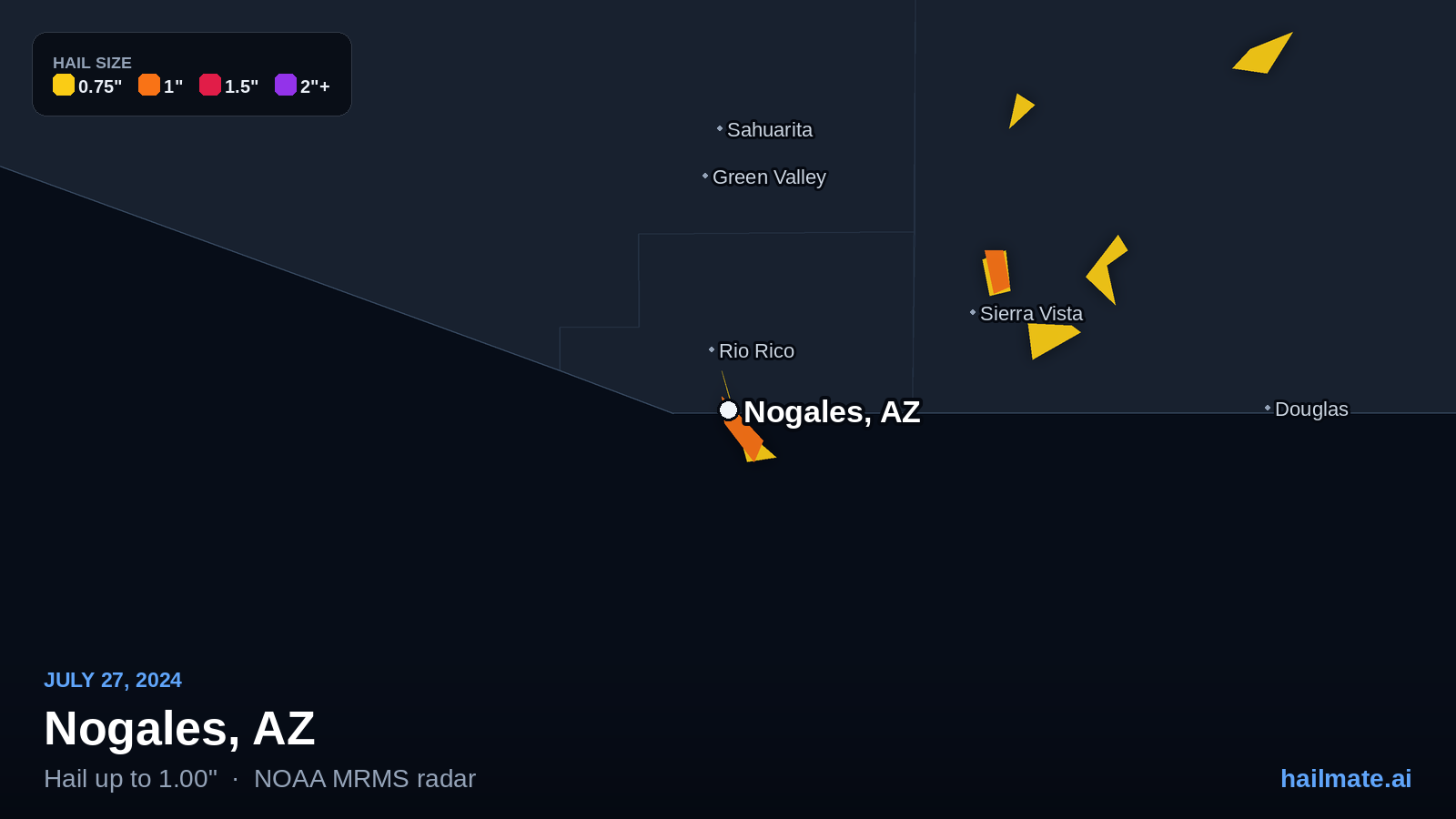 Hail swath map for Nogales, AZ on July 27, 2024 showing 1.00 inch hail.