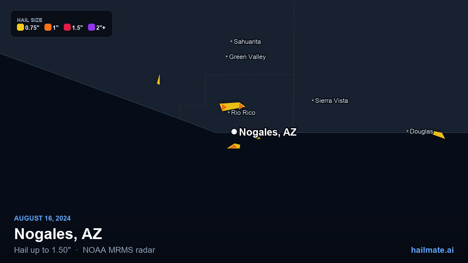 Hail swath map for Nogales, AZ on August 16, 2024 showing 1.50 inch hail.
