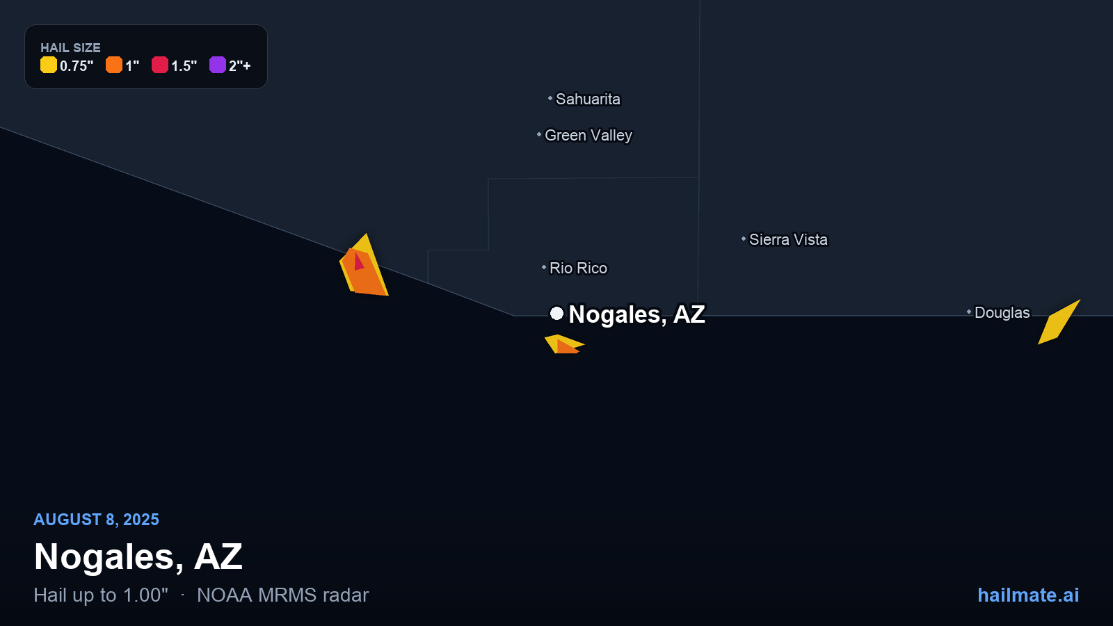 Hail swath map for Nogales, AZ on August 8, 2025 showing 1.00 inch hail.