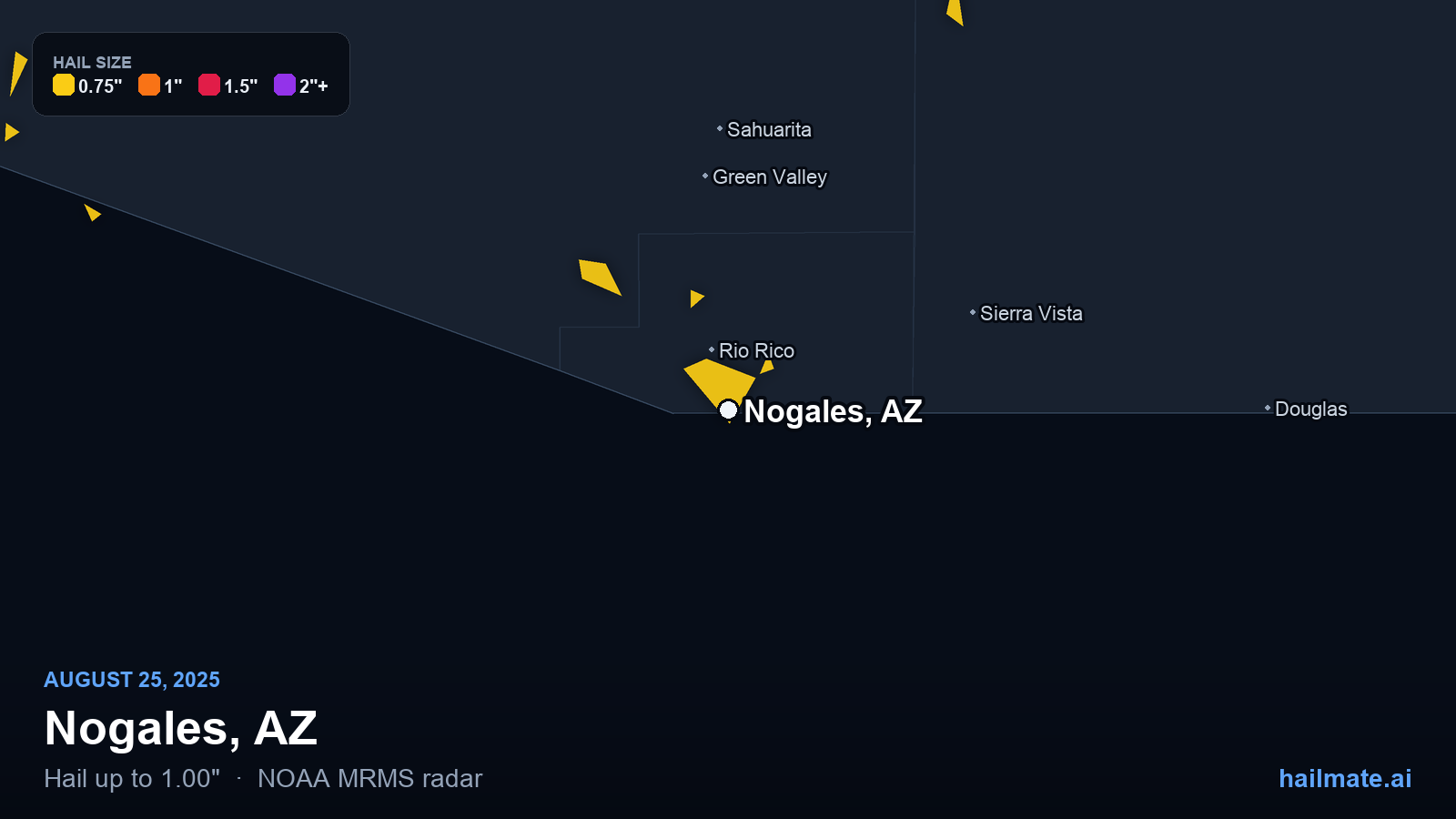 Hail swath map for Nogales, AZ on August 25, 2025 showing 1.00 inch hail.