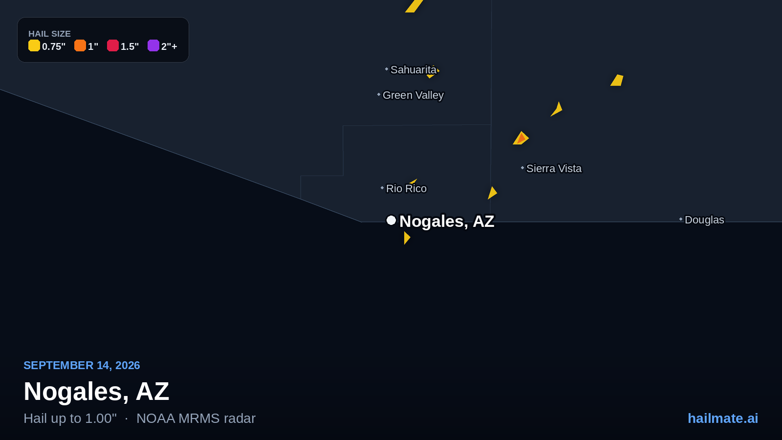 Hail swath map for Nogales, AZ on September 14, 2026 showing 1.00 inch hail.