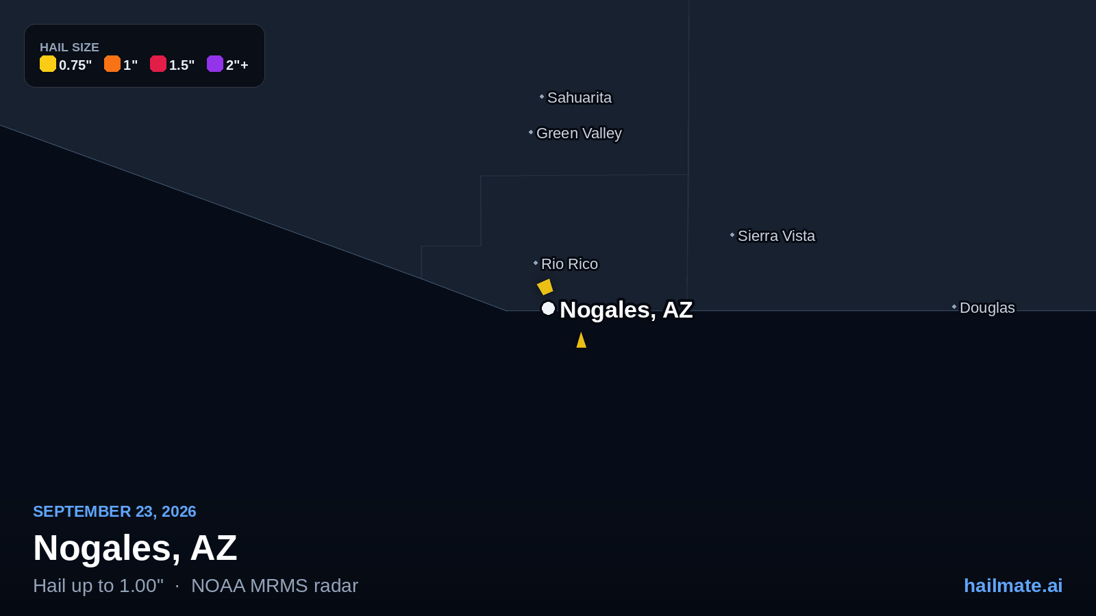 Hail swath map showing 1.00 inch hail over Nogales, Arizona on September 23, 2026.