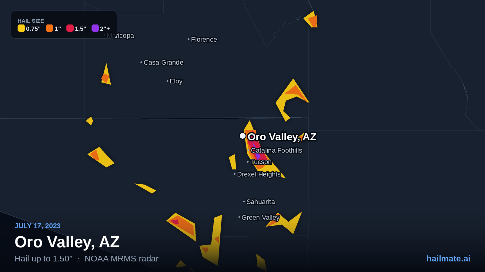 Hail swath map for Oro Valley, AZ on July 17, 2023 showing 1.50 inch hail.