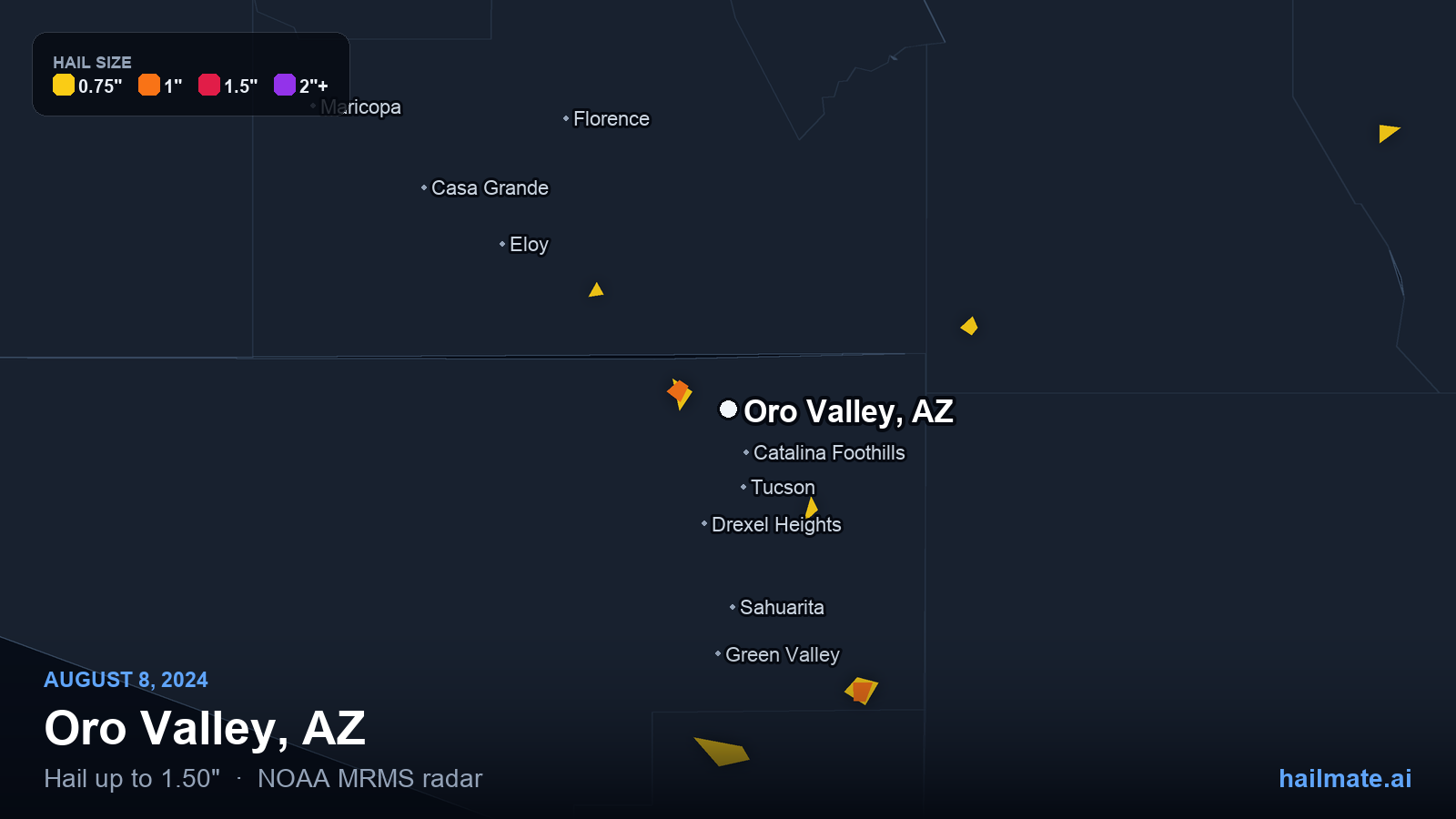 Hail swath map for Oro Valley, AZ on August 8, 2024 showing 1.50 inch hail.