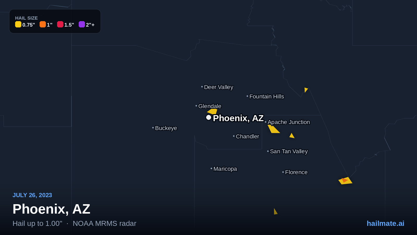 Hail swath map for Phoenix, AZ on July 26, 2023 showing 1.00 inch hail.