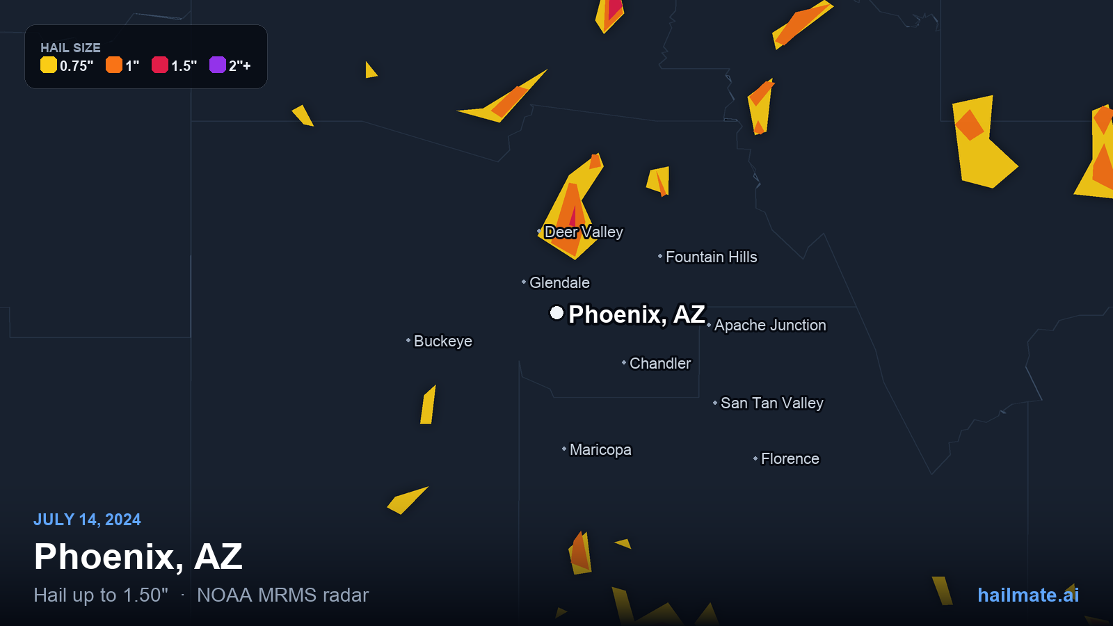 Hail swath map for Phoenix, AZ on July 14, 2024 showing 1.50 inch hail.