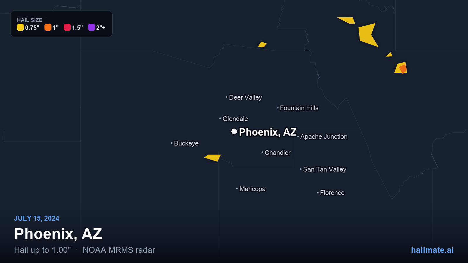 Hail swath map for Phoenix, AZ on July 15, 2024 showing 1.00 inch hail.