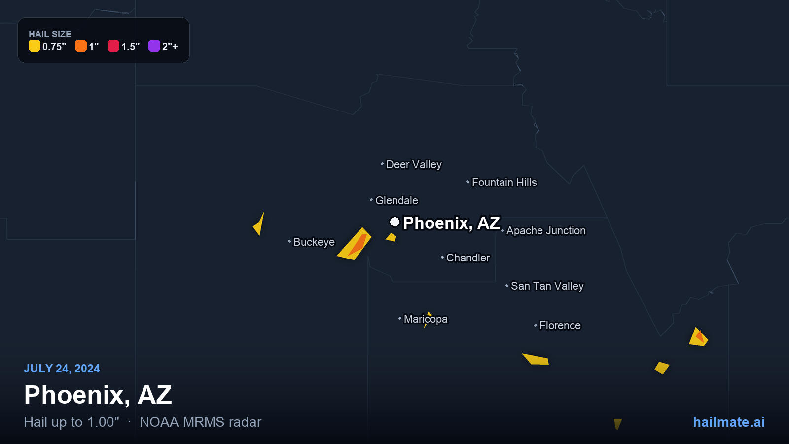 Hail swath map for Phoenix, AZ on July 24, 2024 showing 1.00 inch hail.