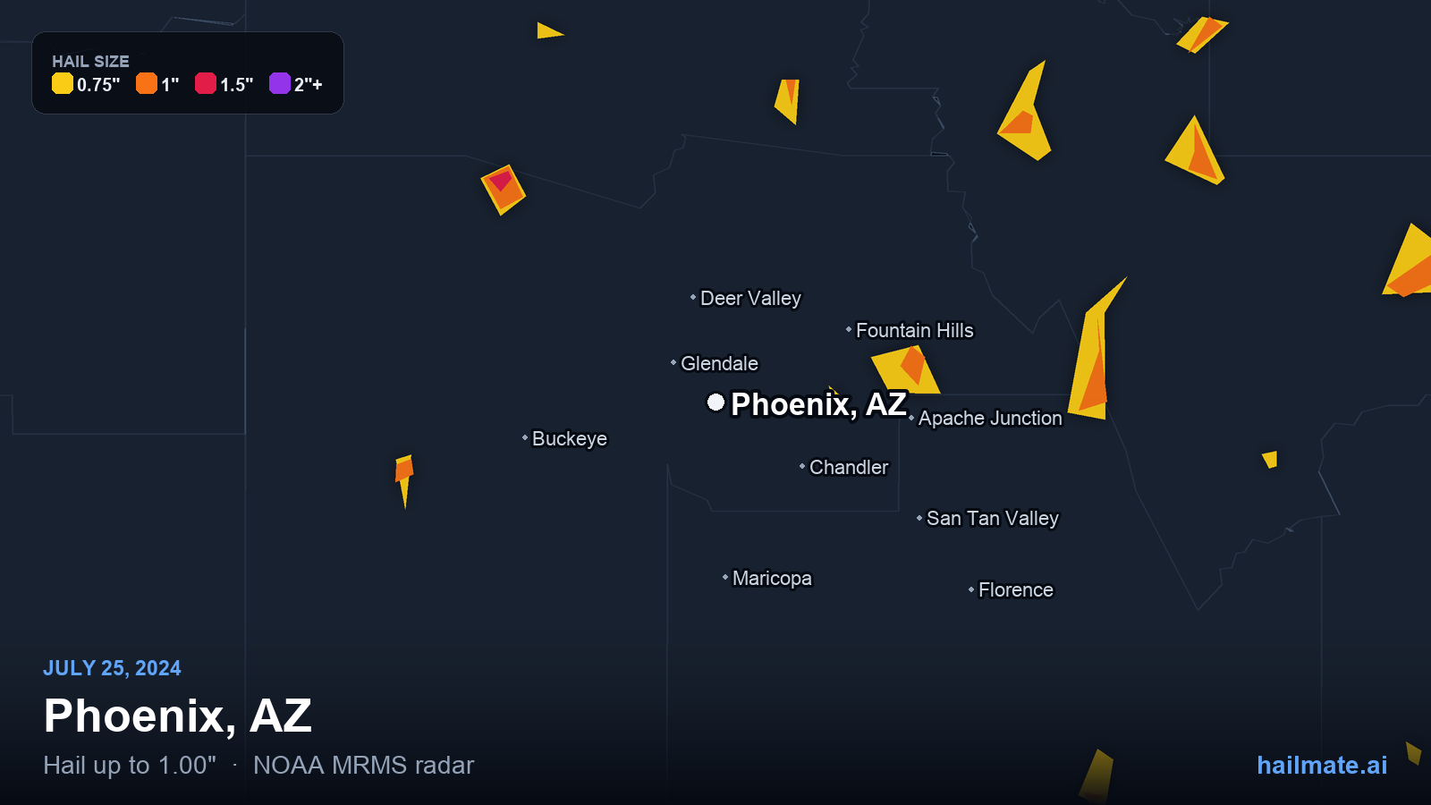 Hail swath map for Phoenix, AZ on July 25, 2024 showing 1.00 inch hail.