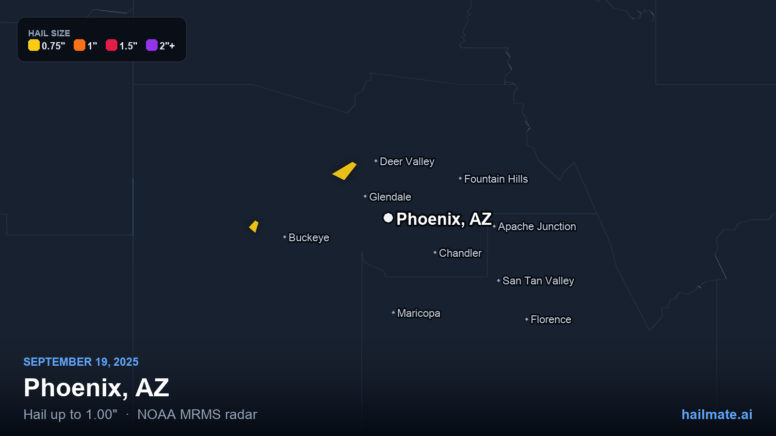 Hail swath map for Phoenix, AZ on September 19, 2025 showing 1.00 inch hail.