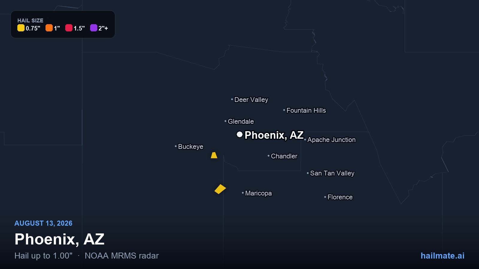 Hail swath map for Phoenix, AZ on August 13, 2026 showing 1.00 inch hail.