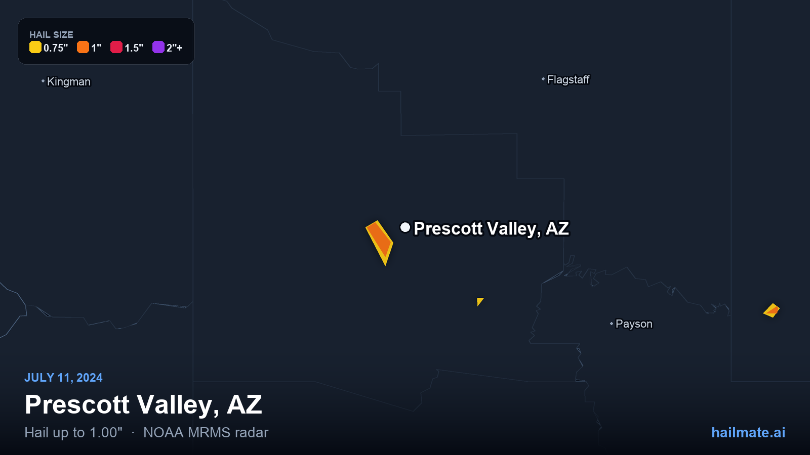 Hail swath map for Prescott Valley, AZ on July 11, 2024 showing 1.00 inch hail.