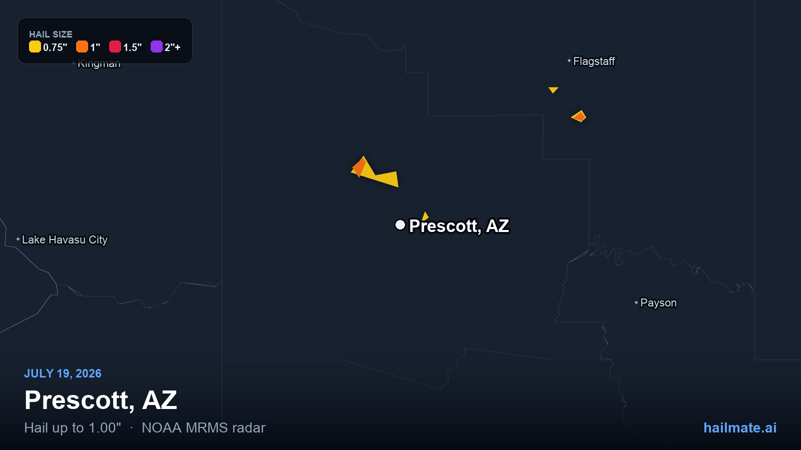 Hail swath map for Prescott, AZ on July 19, 2026 showing 1.00 inch hail.