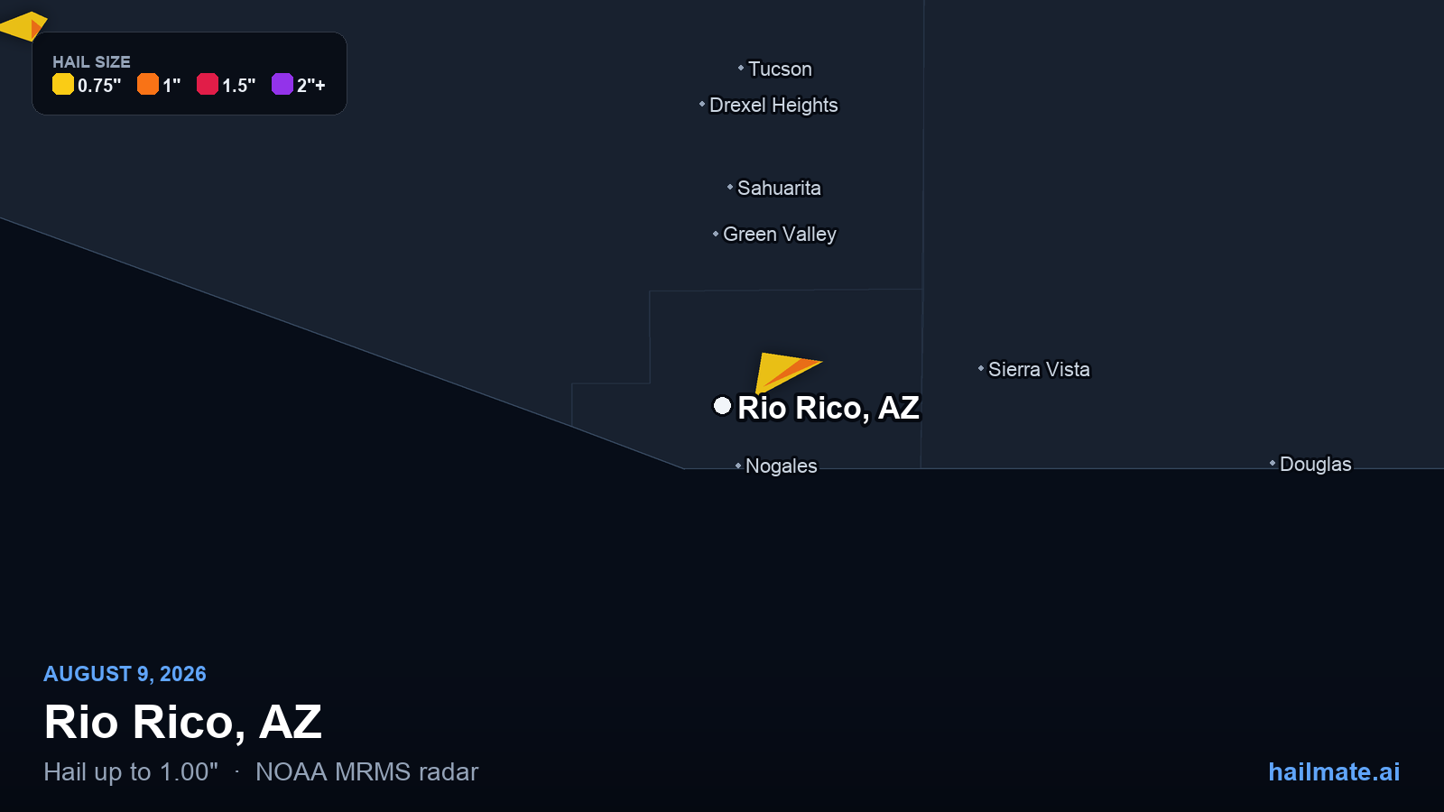 Hail swath map for Rio Rico, AZ on August 9, 2026 showing 1.00 inch hail.